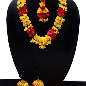 Yellow and Red Non-Precious Metal Gota Patti Paper Flower Necklace Hand Made Jewellery for Women