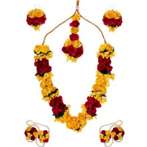 Yellow and Red Non-Precious Metal Gota Patti Paper Flower Necklace Hand Made Jewellery for Women